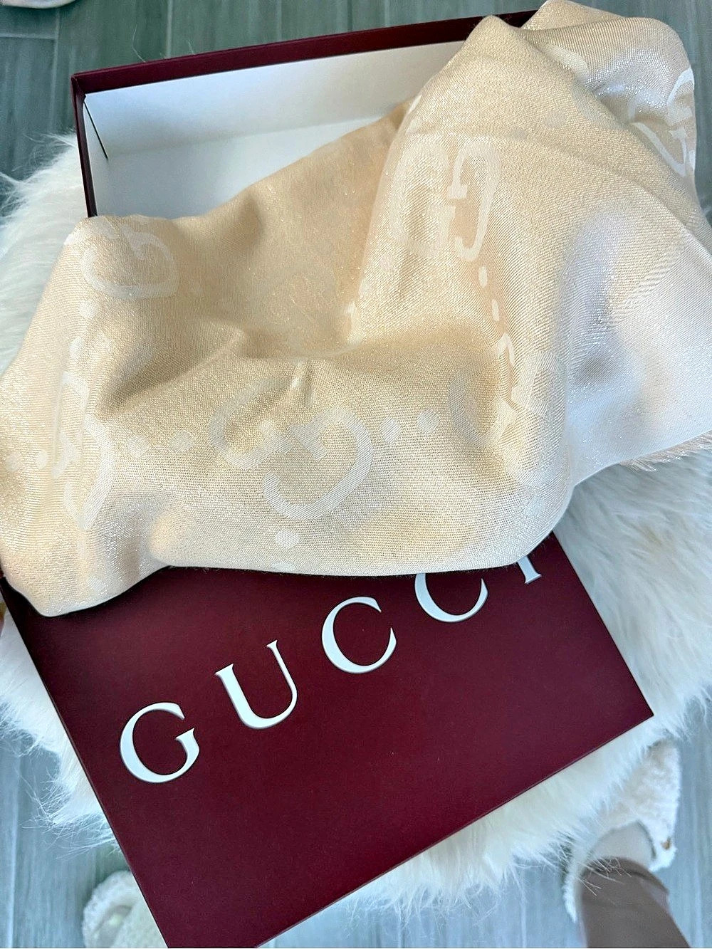 Gucci GG Lamé Jacquard Scarf Cream